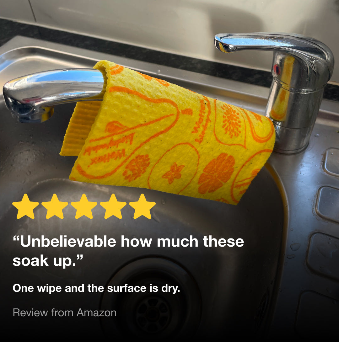 Yellow Wettex Original Classic Dishcloths hanging on a tap with an overlaying product review from Amazon